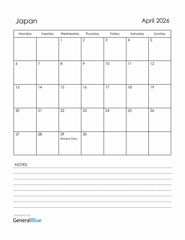 April 2026 Japan Calendar with Holidays (Monday Start)