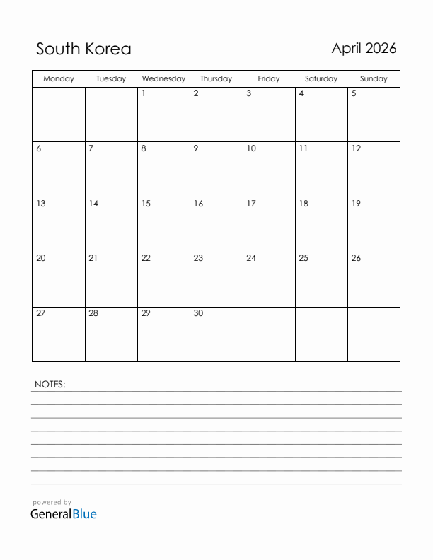 April 2026 South Korea Calendar with Holidays (Monday Start)