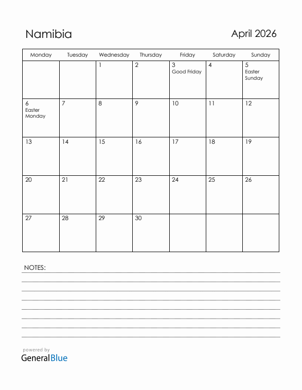 April 2026 Namibia Calendar with Holidays (Monday Start)