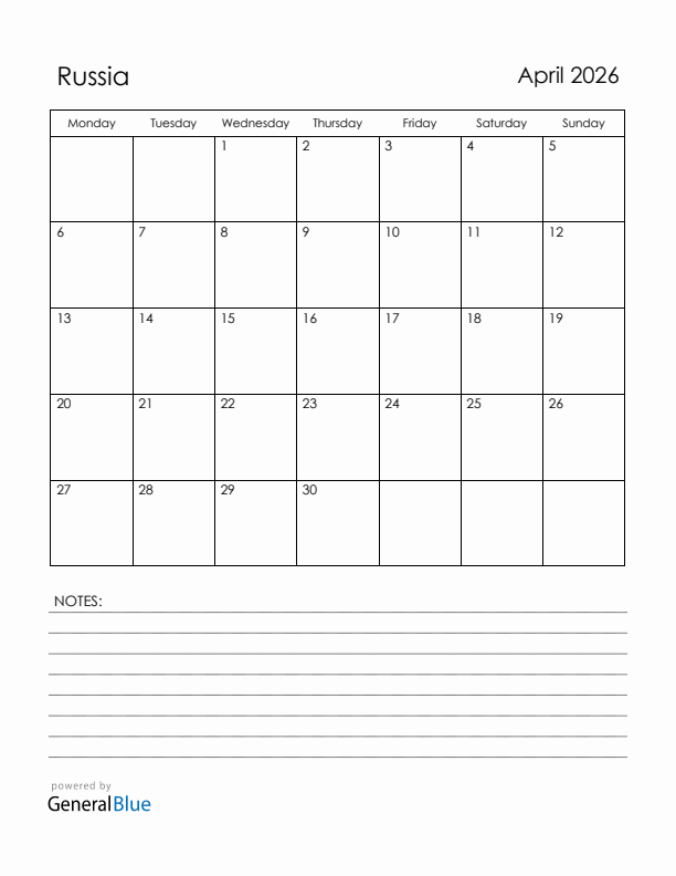 April 2026 Russia Calendar with Holidays (Monday Start)
