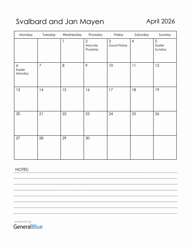 April 2026 Svalbard and Jan Mayen Calendar with Holidays (Monday Start)