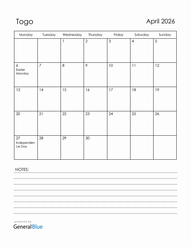 April 2026 Togo Calendar with Holidays (Monday Start)
