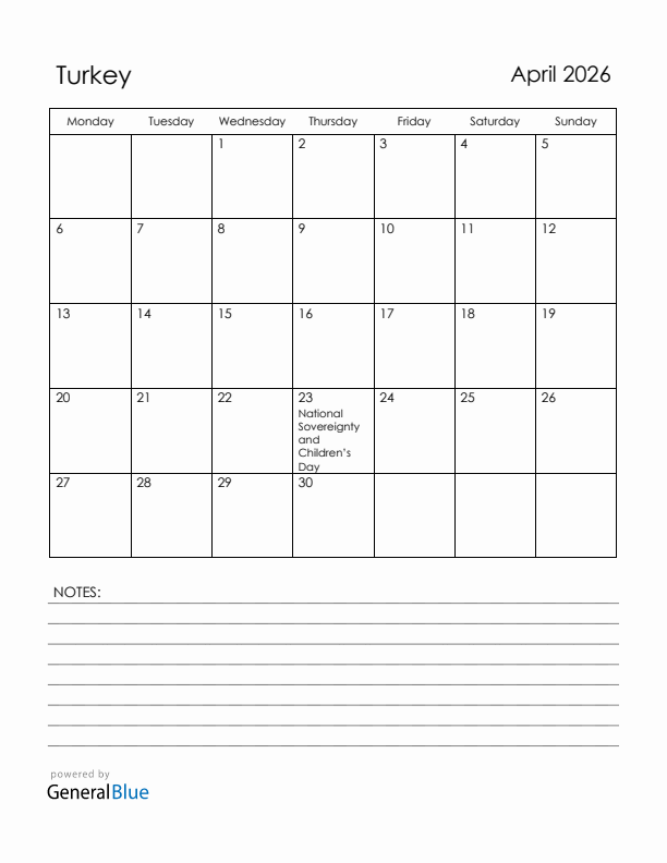 April 2026 Turkey Calendar with Holidays (Monday Start)