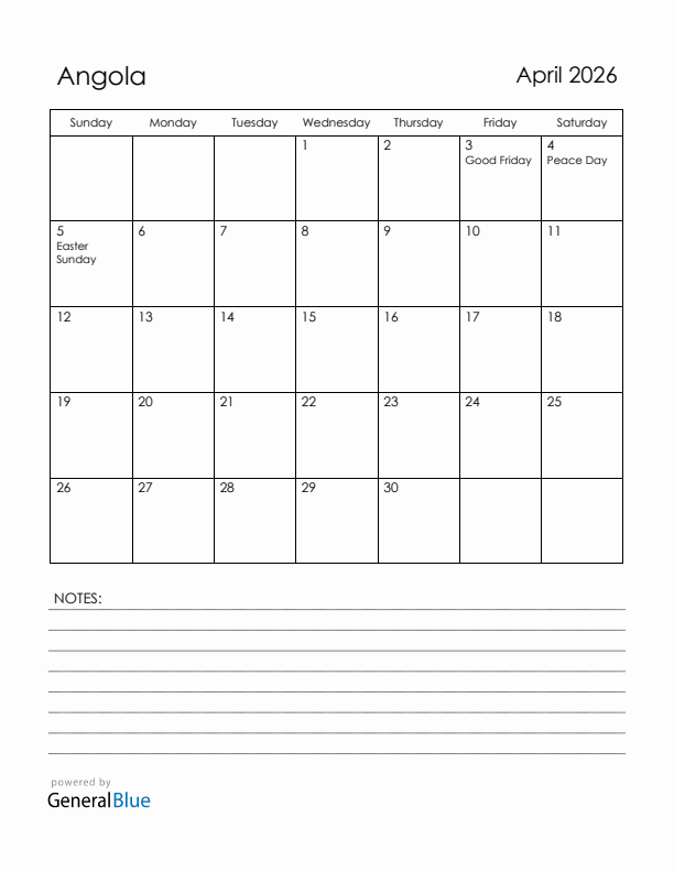 April 2026 Angola Calendar with Holidays (Sunday Start)