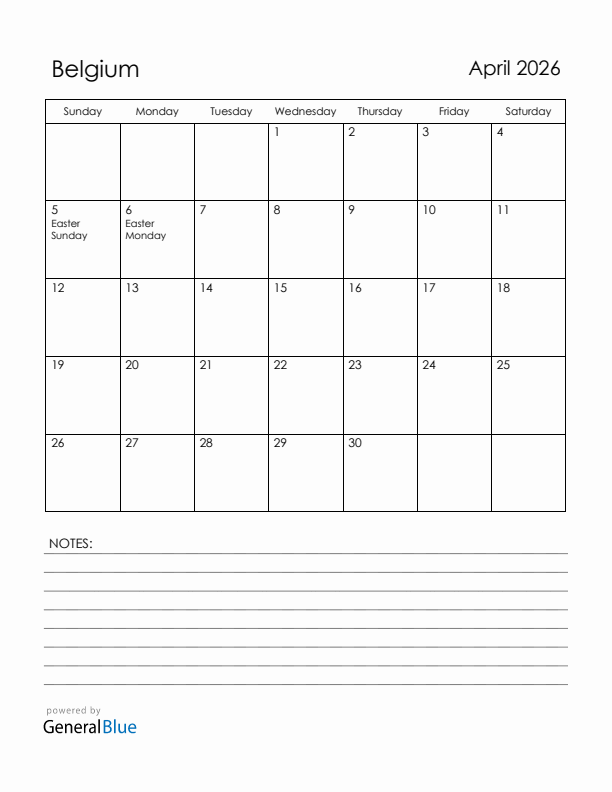 April 2026 Belgium Calendar with Holidays (Sunday Start)