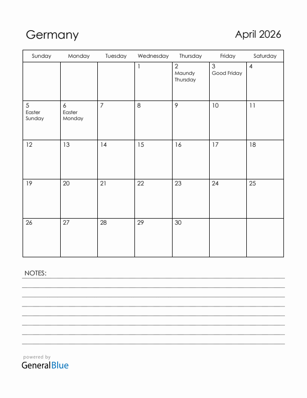 April 2026 Germany Calendar with Holidays (Sunday Start)
