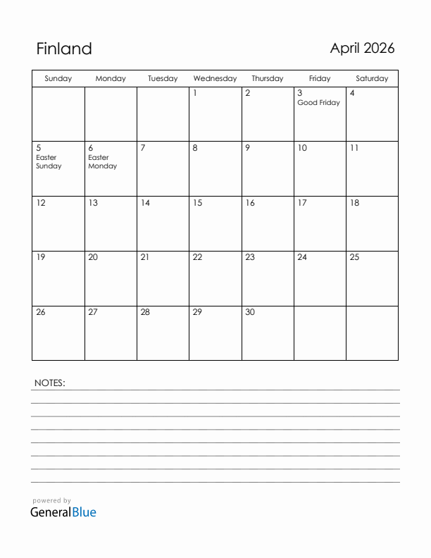 April 2026 Finland Calendar with Holidays (Sunday Start)