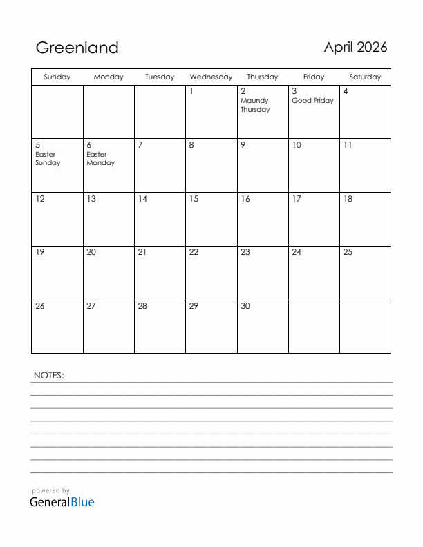 April 2026 Greenland Calendar with Holidays (Sunday Start)