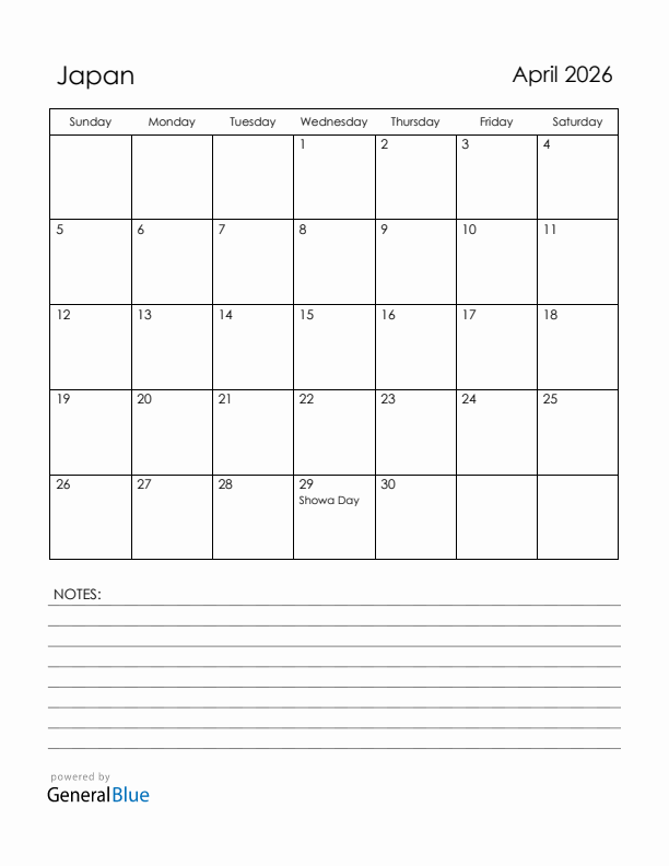April 2026 Japan Calendar with Holidays (Sunday Start)