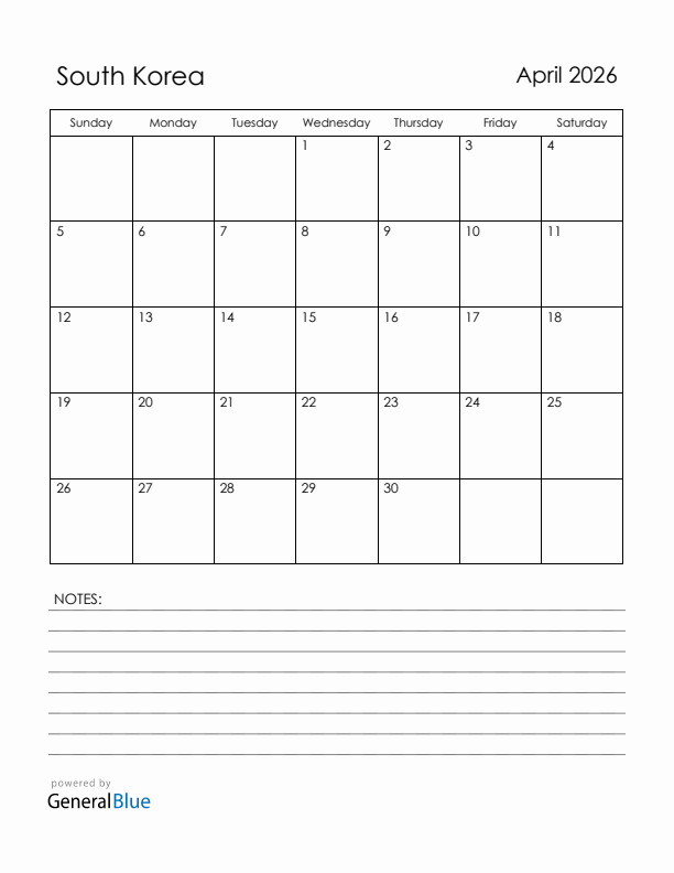 April 2026 South Korea Calendar with Holidays (Sunday Start)