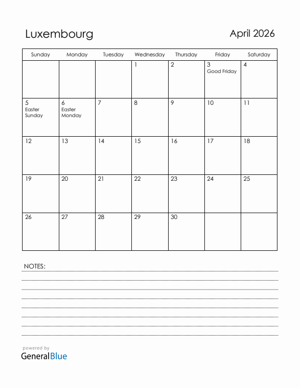 April 2026 Luxembourg Calendar with Holidays (Sunday Start)