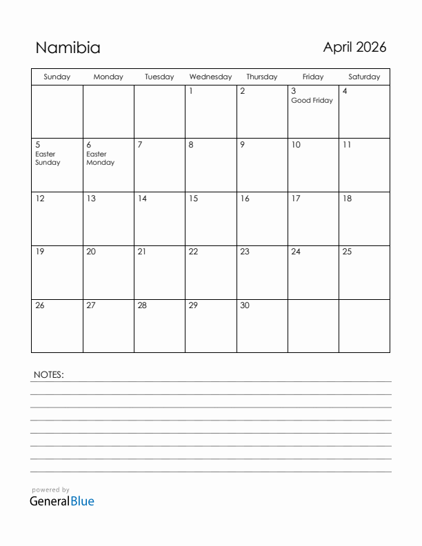 April 2026 Namibia Calendar with Holidays (Sunday Start)