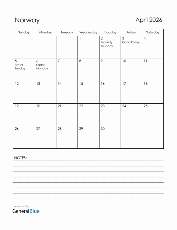 April 2026 Norway Calendar with Holidays (Sunday Start)