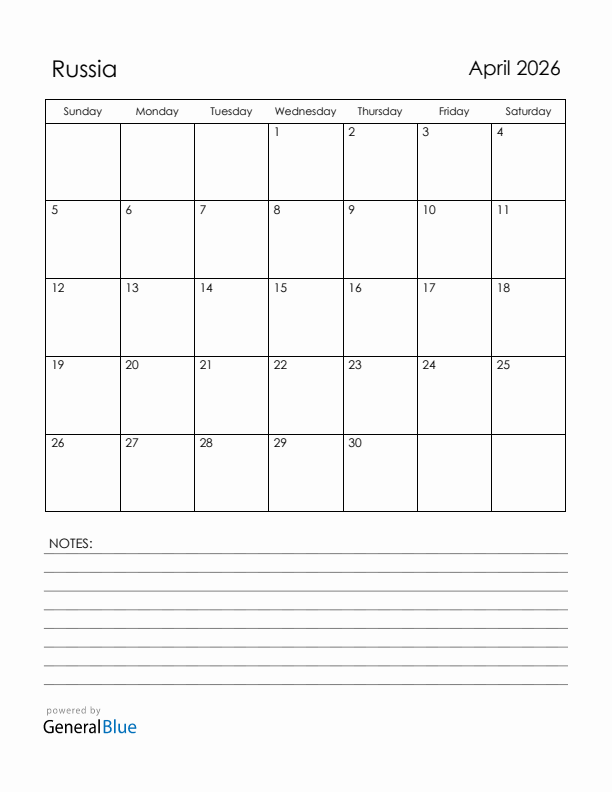 April 2026 Russia Calendar with Holidays (Sunday Start)