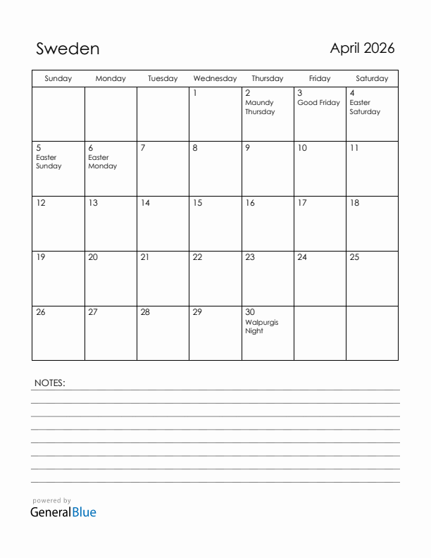 April 2026 Sweden Calendar with Holidays (Sunday Start)