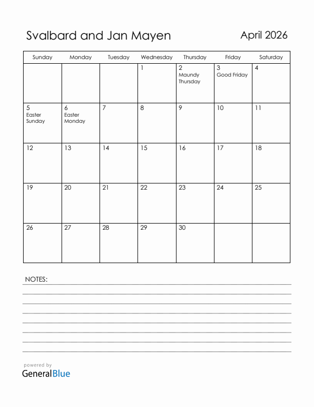 April 2026 Svalbard and Jan Mayen Calendar with Holidays (Sunday Start)