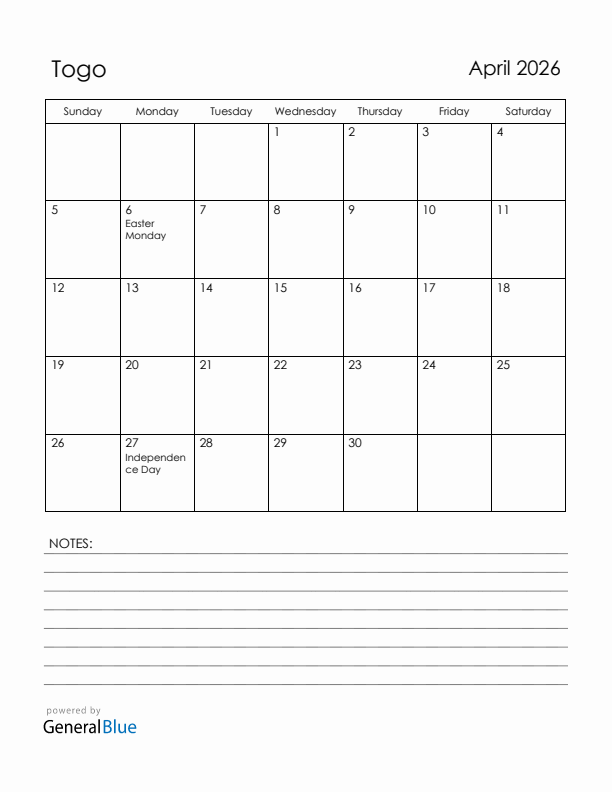 April 2026 Togo Calendar with Holidays (Sunday Start)
