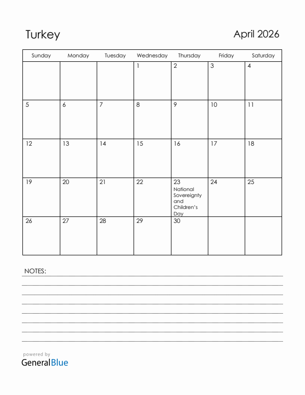 April 2026 Turkey Calendar with Holidays (Sunday Start)