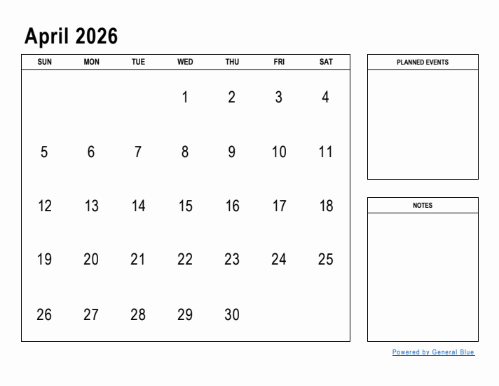 April 2026 Calendar Planner