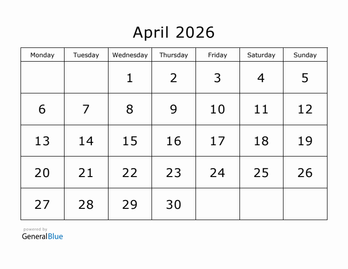 Printable April 2026 Calendar - Monday Start