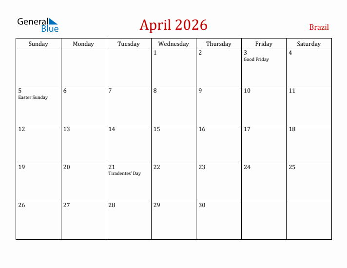 Brazil April 2026 Calendar - Sunday Start