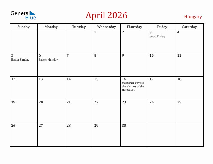 Hungary April 2026 Calendar - Sunday Start