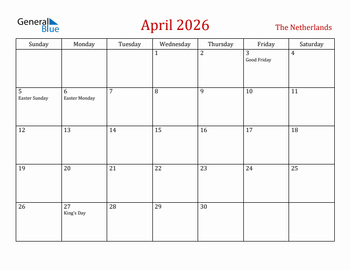 The Netherlands April 2026 Calendar - Sunday Start