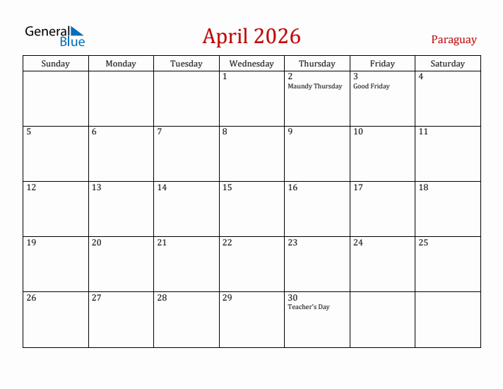 Paraguay April 2026 Calendar - Sunday Start