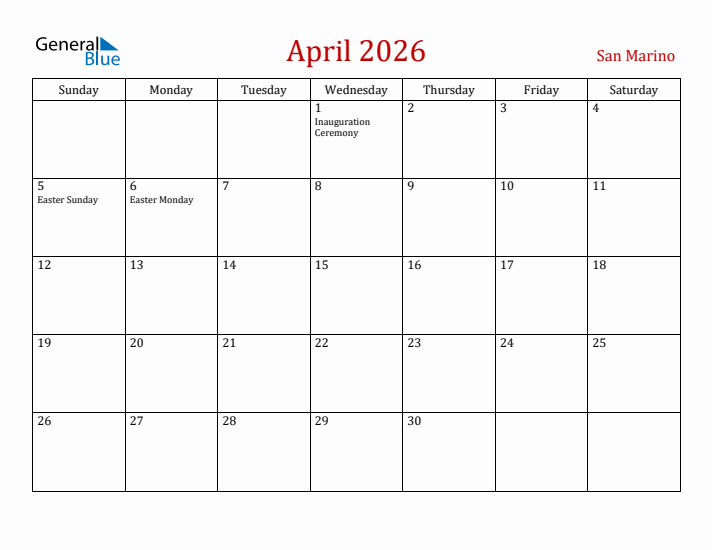 San Marino April 2026 Calendar - Sunday Start