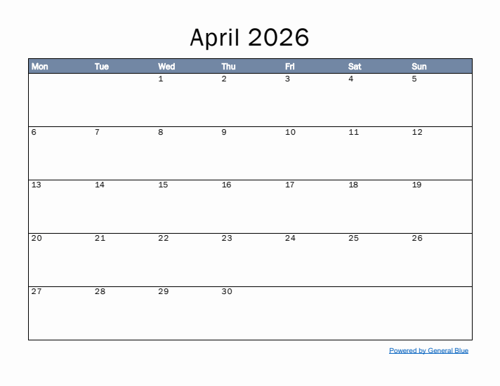 April 2026 Simple Month Calendar Template