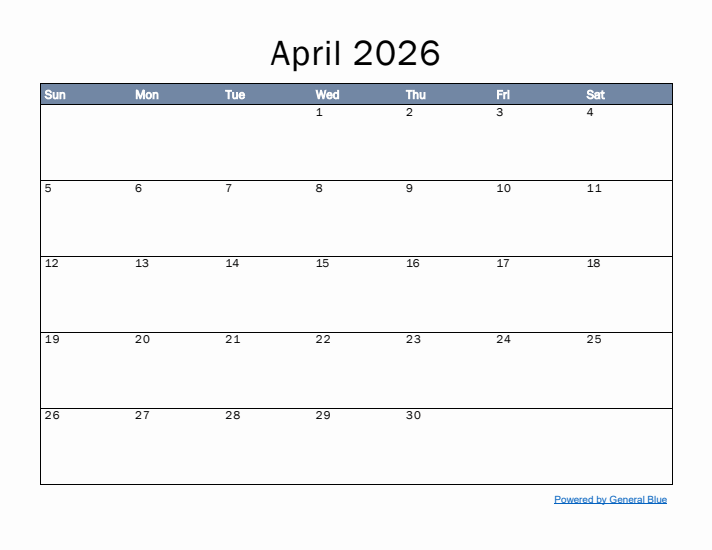 April 2026 Simple Month Calendar Template