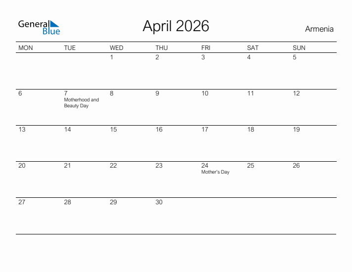 Printable April 2026 Calendar for Armenia