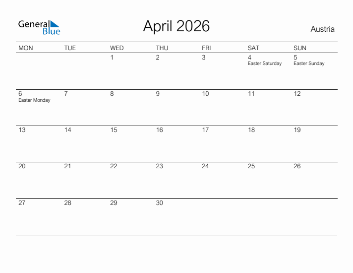 Printable April 2026 Calendar for Austria