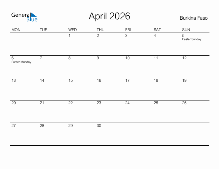 Printable April 2026 Calendar for Burkina Faso