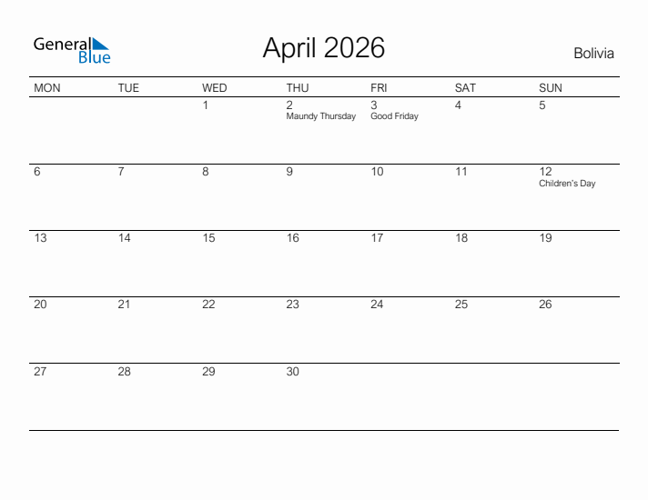 Printable April 2026 Calendar for Bolivia