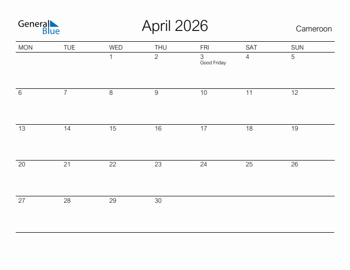 Printable April 2026 Calendar for Cameroon