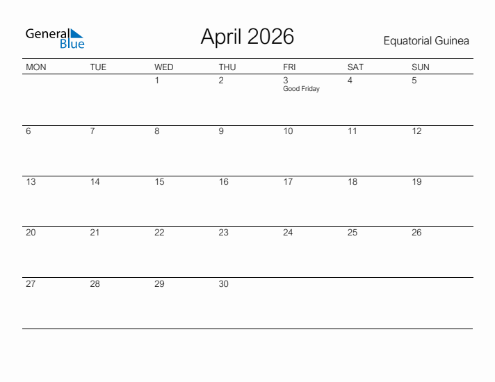 Printable April 2026 Calendar for Equatorial Guinea