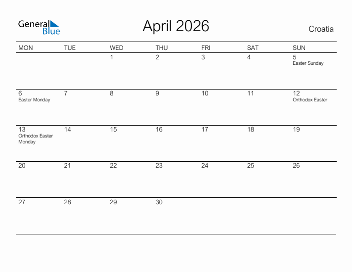 Printable April 2026 Calendar for Croatia