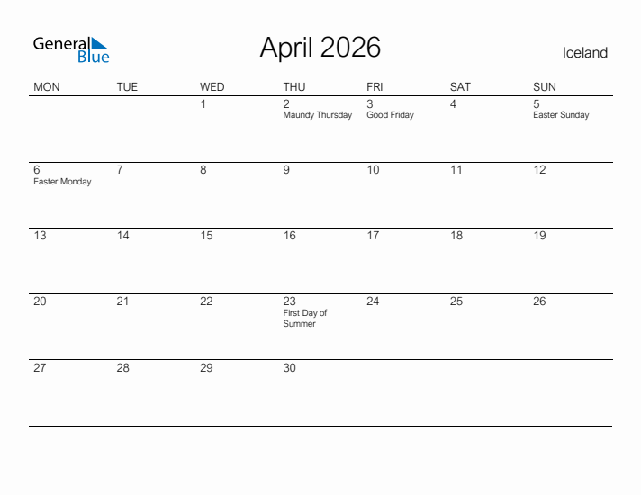 Printable April 2026 Calendar for Iceland