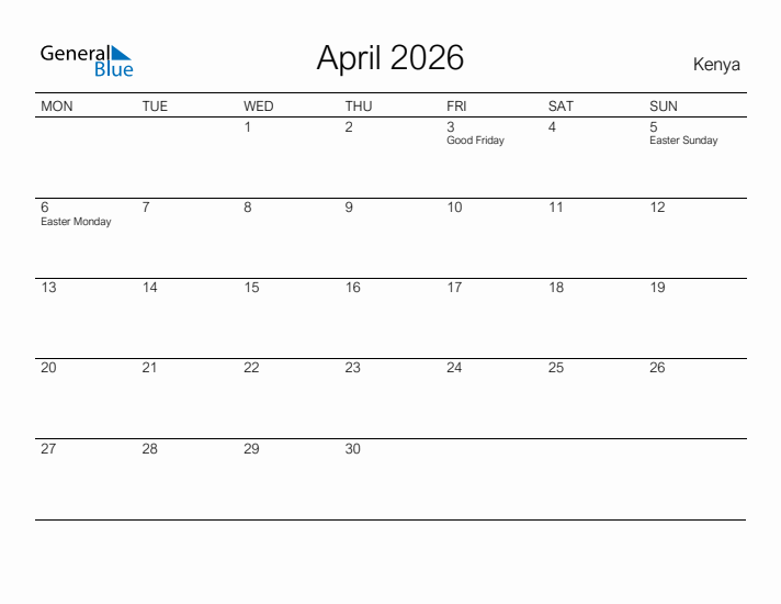 Printable April 2026 Calendar for Kenya