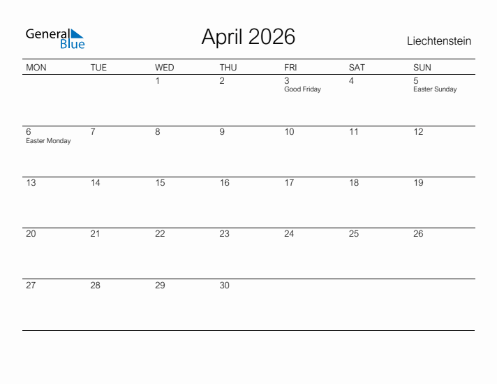 Printable April 2026 Calendar for Liechtenstein