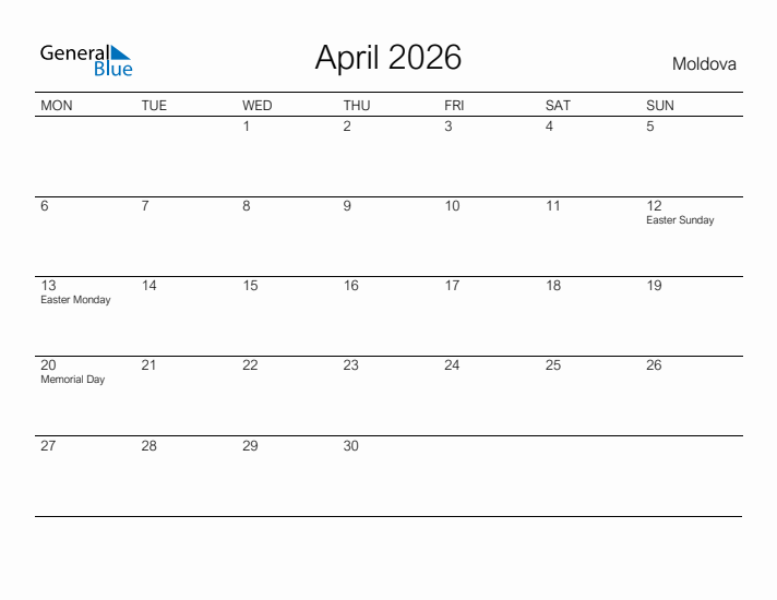 Printable April 2026 Calendar for Moldova