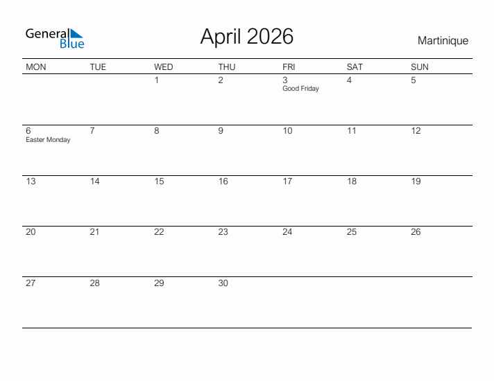 Printable April 2026 Calendar for Martinique