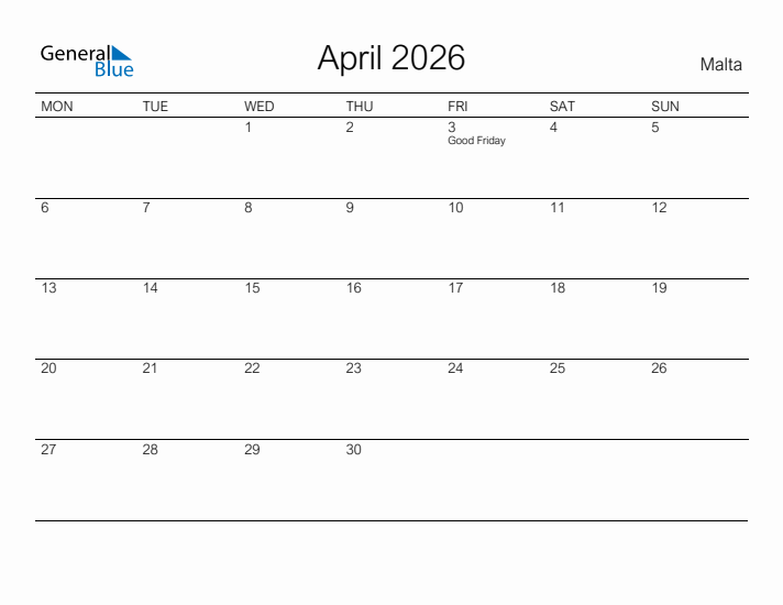 Printable April 2026 Calendar for Malta