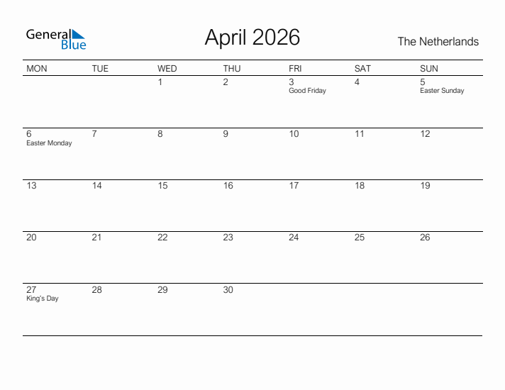 Printable April 2026 Calendar for The Netherlands