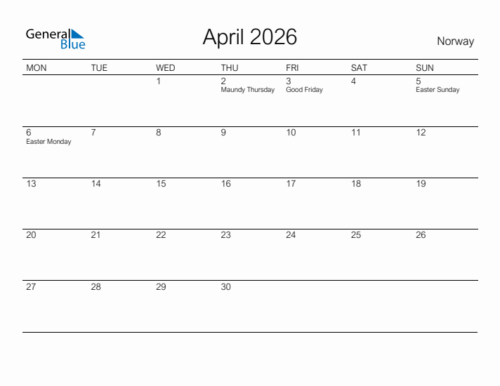 Printable April 2026 Calendar for Norway