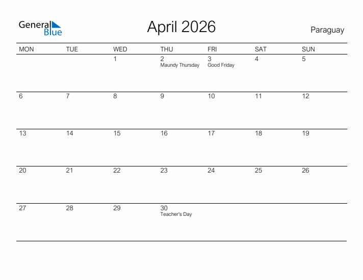 Printable April 2026 Calendar for Paraguay