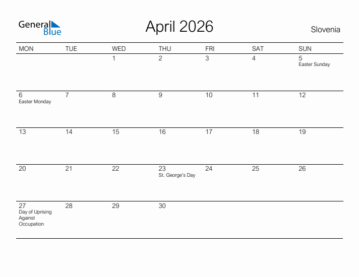 Printable April 2026 Calendar for Slovenia