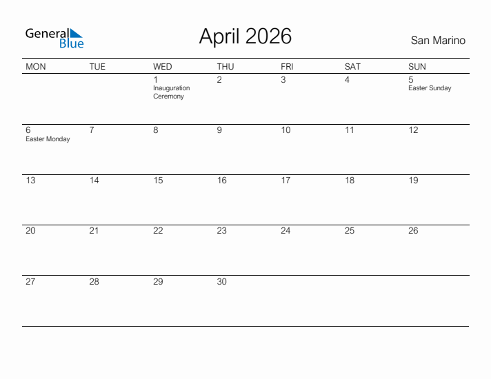 Printable April 2026 Calendar for San Marino