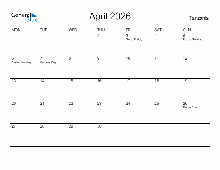 Printable April 2026 Calendar for Tanzania